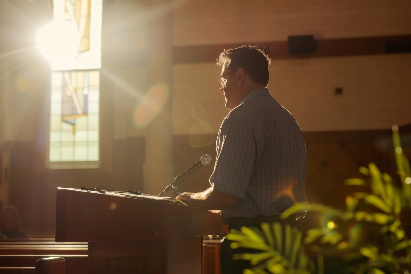 man-speaking-podium-inside-sunlit-church-with-rays-light-streaming-through-stainedglass-windows-creating-moment-contemplation